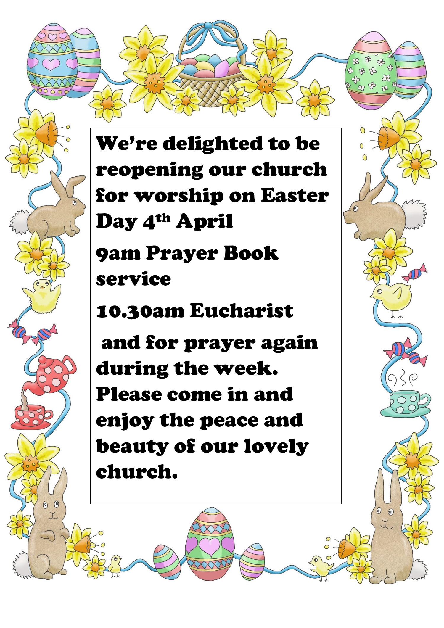 Our church will be reopening for usual services on Easter Sunday (4th April)